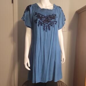 Boho Off Shoulder Embroidered Blue Rayon Chambray Peasant Dress L Resort Midi